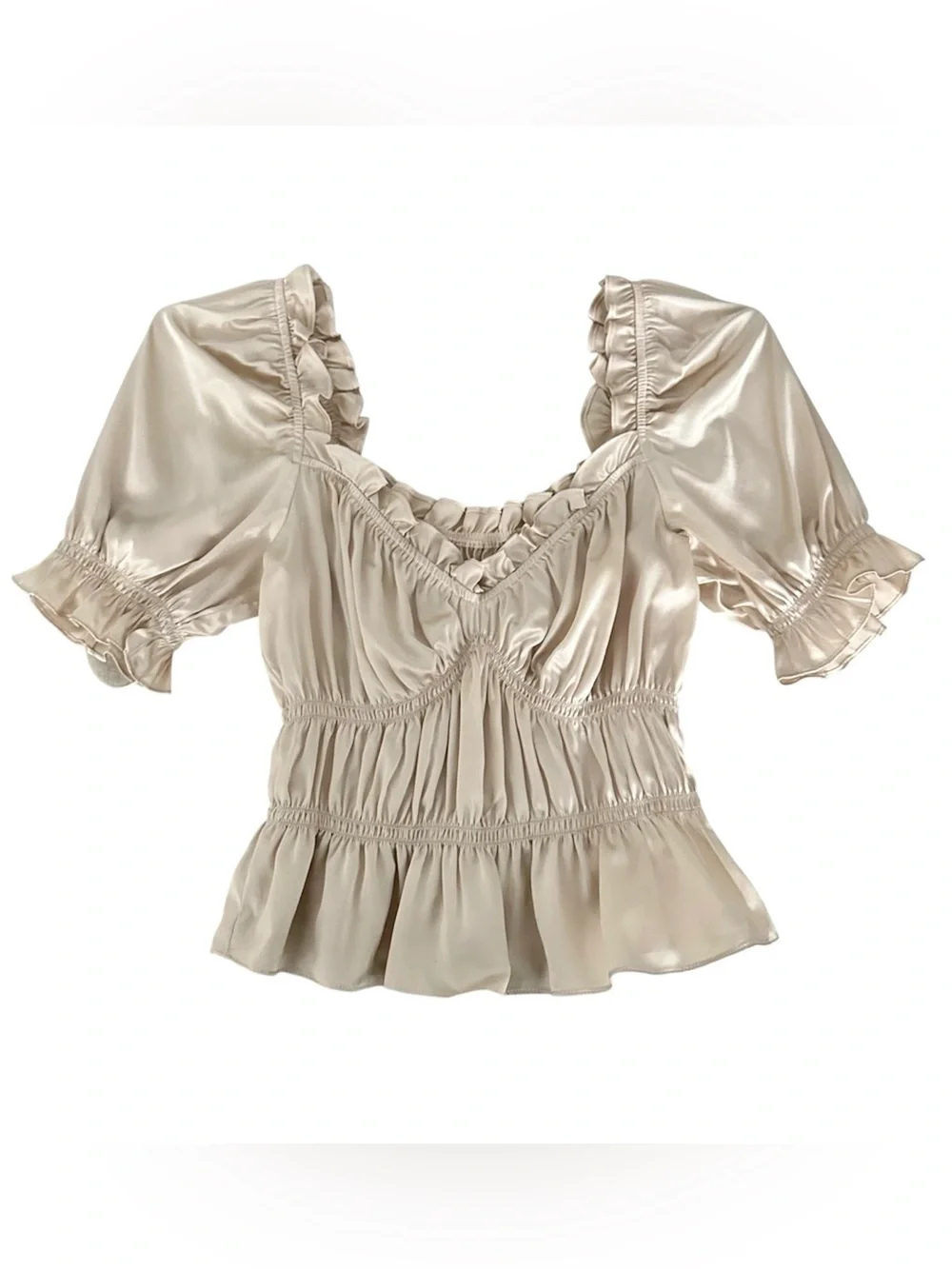 Reformation Olive Champagne Gold Silk Puff Short Sleeve Blouse Size M